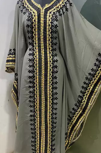 Grey arabic gold and white embroidery work jalabiya kaftan