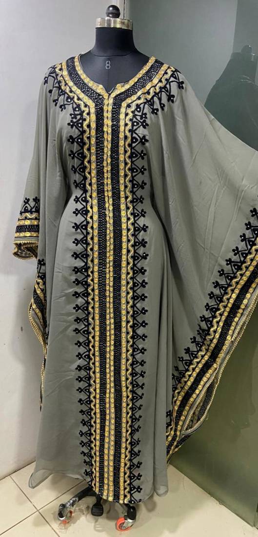 Grey arabic gold and white embroidery work jalabiya kaftan
