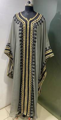 Grey arabic gold and white embroidery work jalabiya kaftan 2