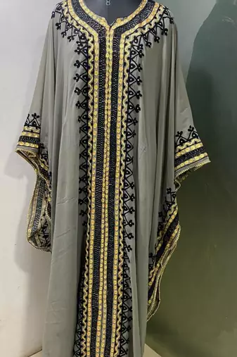 Grey arabic gold and white embroidery work jalabiya kaftan