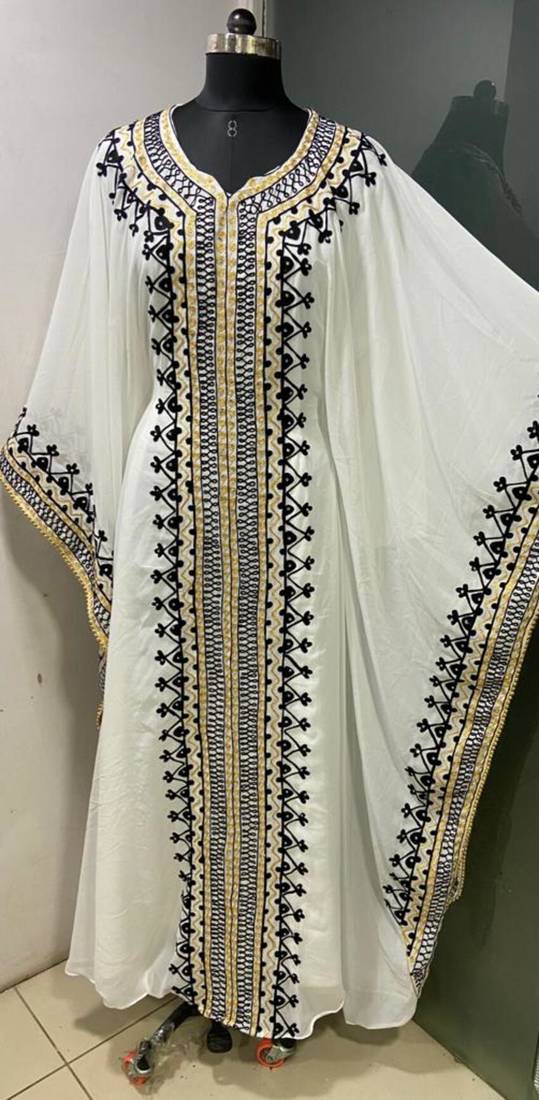 White arabic gold and white embroidery work jalabiya kaftan