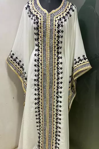 White arabic gold and white embroidery work jalabiya kaftan