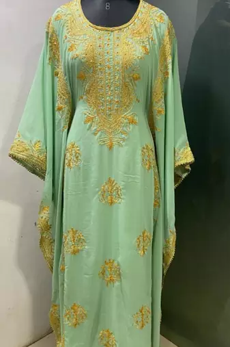 Pistachio green modern arabic gold embroidery work farasha kaftan