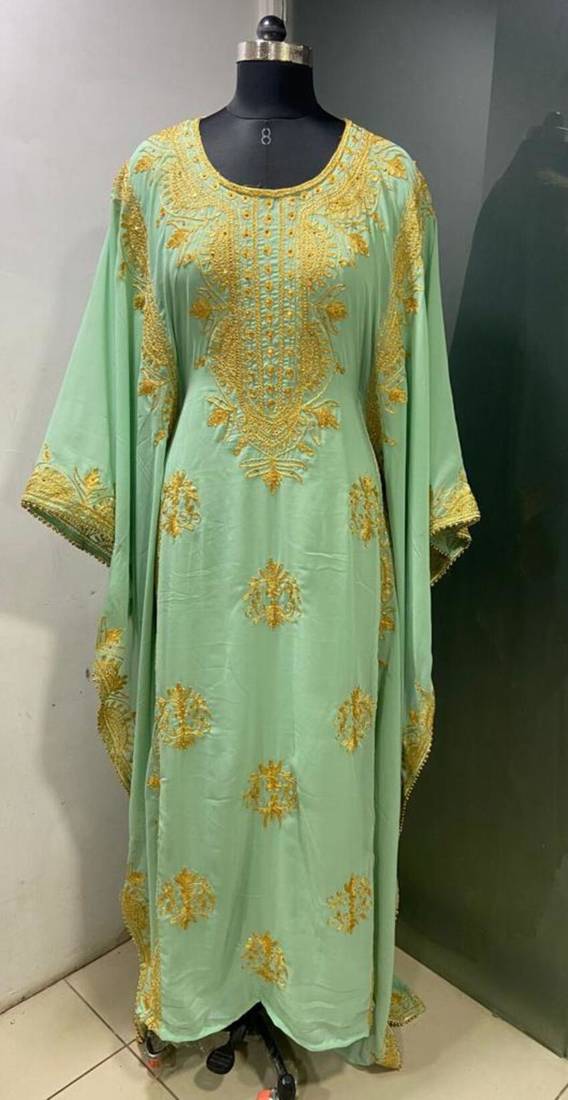 Pistachio green modern arabic gold embroidery work farasha kaftan
