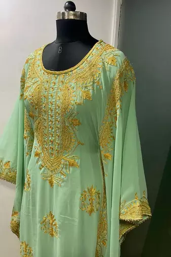 Pistachio green modern arabic gold embroidery work farasha kaftan