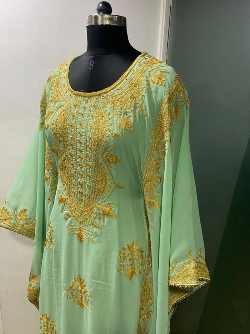 Pistachio green modern arabic gold embroidery work farasha kaftan