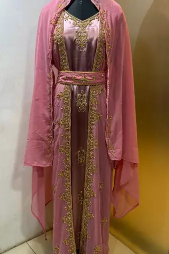 Peach satin jacket style moroccan takchita kaftan