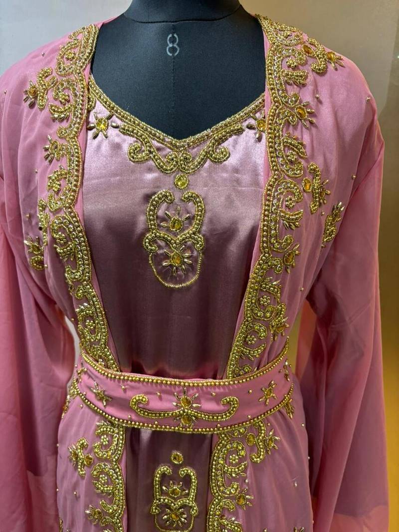 Peach satin jacket style moroccan takchita kaftan