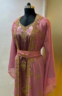 Peach satin jacket style moroccan takchita kaftan 3