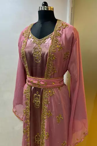 Peach satin jacket style moroccan takchita kaftan