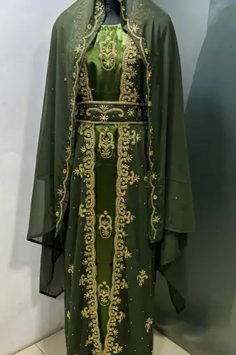 Olive satin jacket style moroccan takchita kaftan