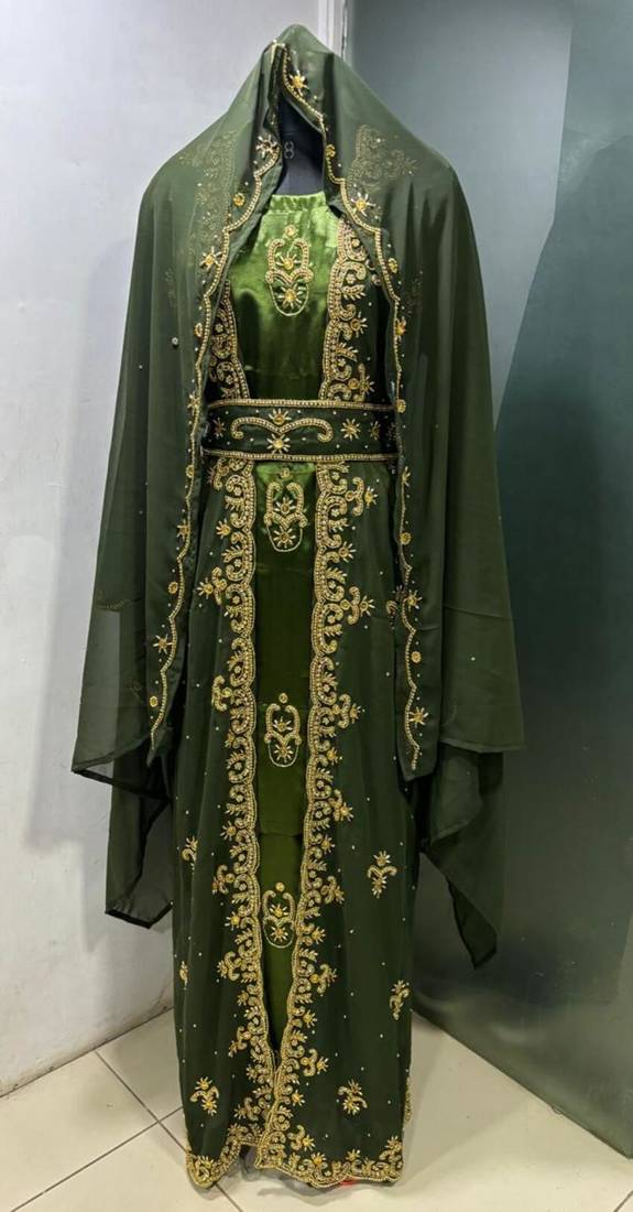 Olive satin jacket style moroccan takchita kaftan