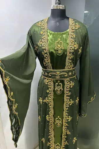 Olive satin jacket style moroccan takchita kaftan