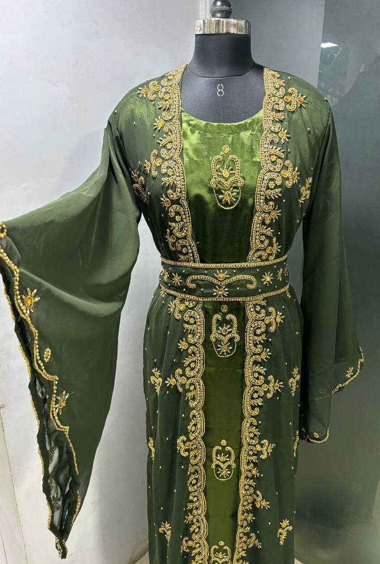 Olive satin jacket style moroccan takchita kaftan