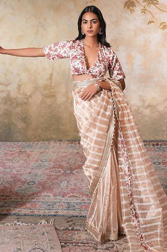 Gold printed pure chanderi silk saree with blouse