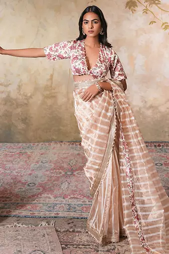 Gold printed pure chanderi silk saree with blouse