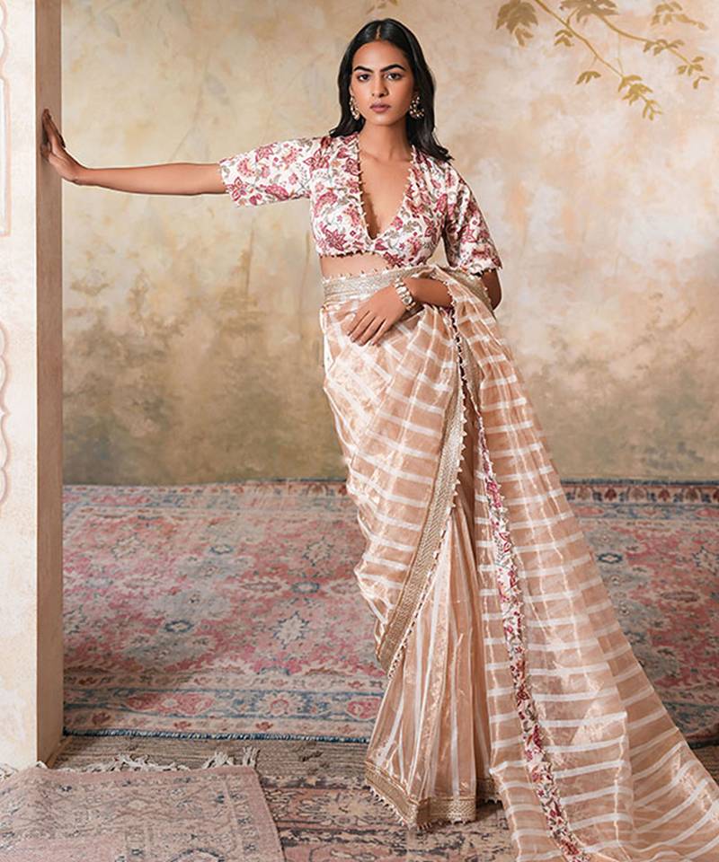 Gold printed pure chanderi silk saree with blouse