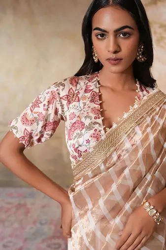 Gold printed pure chanderi silk saree with blouse
