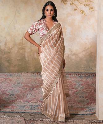 Gold printed pure chanderi silk saree with blouse 3