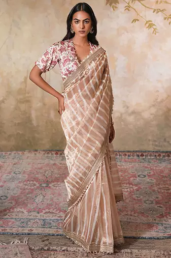 Gold printed pure chanderi silk saree with blouse