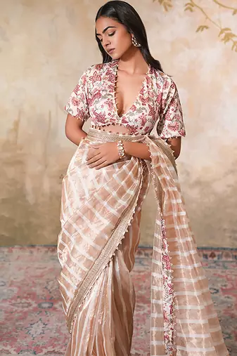 Gold printed pure chanderi silk saree with blouse