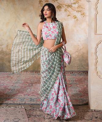 Skyblue printed pure chanderi silk saree with blouse 1