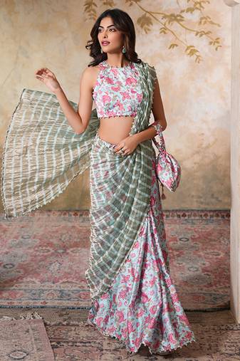 Skyblue printed pure chanderi silk saree with blouse