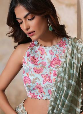 Skyblue printed pure chanderi silk saree with blouse 2