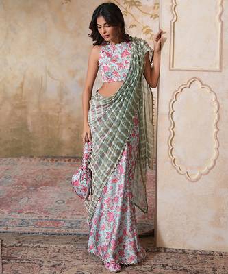 Skyblue printed pure chanderi silk saree with blouse 3