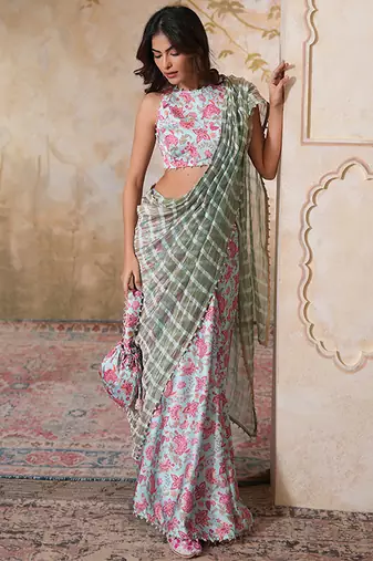 Skyblue printed pure chanderi silk saree with blouse