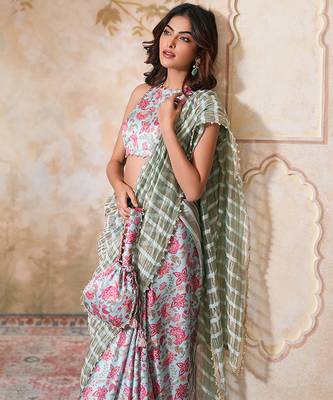 Skyblue printed pure chanderi silk saree with blouse 4