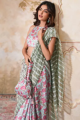 Skyblue printed pure chanderi silk saree with blouse