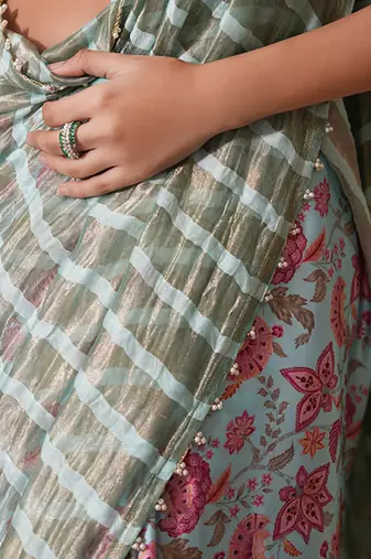 Skyblue printed pure chanderi silk saree with blouse
