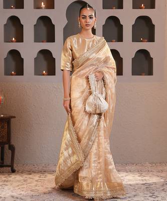 Gold embroidered pure tissue silk saree with blouse 1