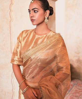 Gold embroidered pure tissue silk saree with blouse 4