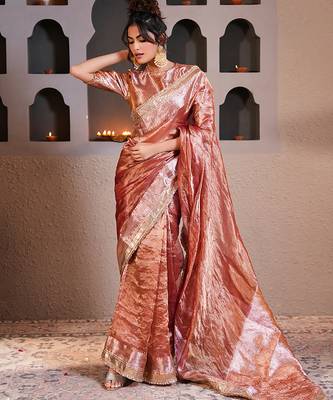 Rose Gold embroidered pure tissue silk saree with blouse 1