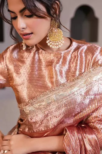 Rose Gold embroidered pure tissue silk saree with blouse