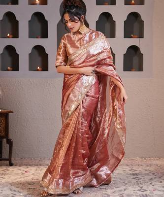 Rose Gold embroidered pure tissue silk saree with blouse 3