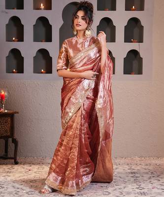 Rose Gold embroidered pure tissue silk saree with blouse 4