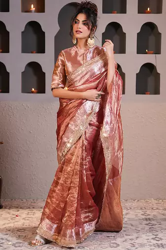 Rose Gold embroidered pure tissue silk saree with blouse