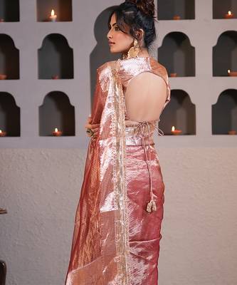 Rose Gold embroidered pure tissue silk saree with blouse 5