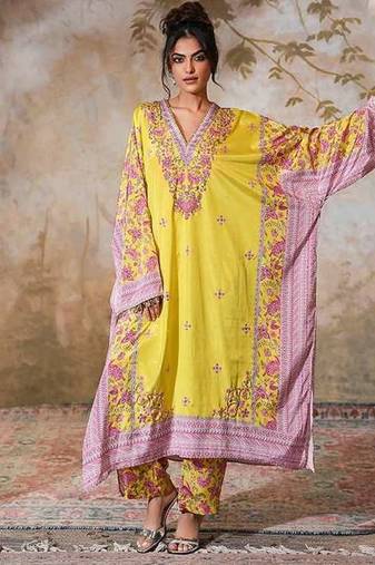 Yellow printed crepe kaftan set