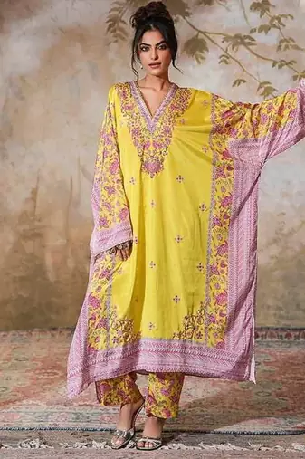 Yellow printed crepe kaftan set