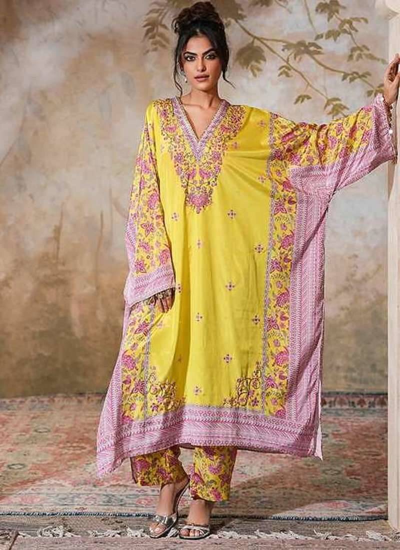 Yellow printed crepe kaftan set