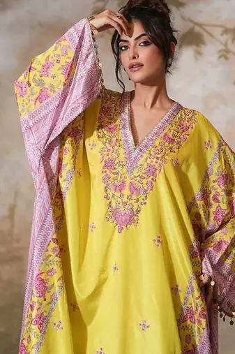 Yellow printed crepe kaftan set