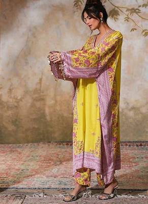 Yellow printed crepe kaftan set 4