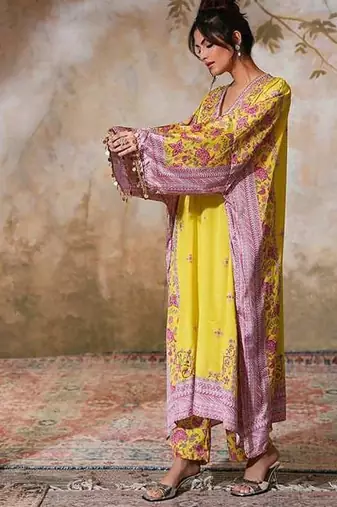 Yellow printed crepe kaftan set