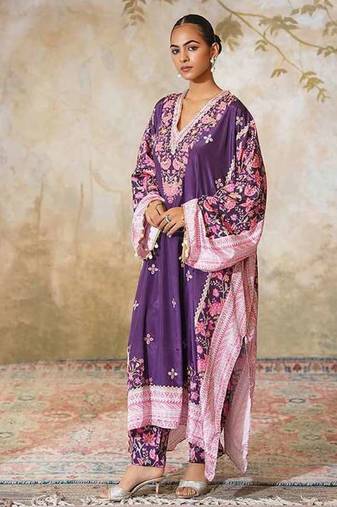 Purple printed crepe kaftan set