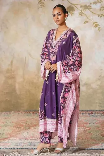 Purple printed crepe kaftan set