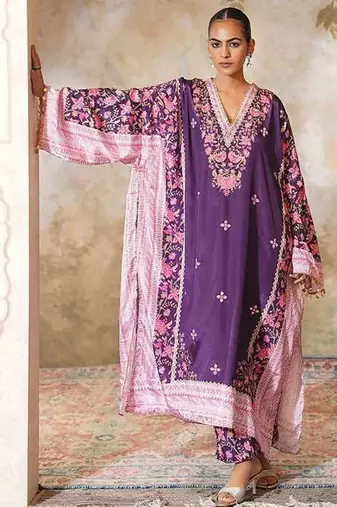 Purple printed crepe kaftan set